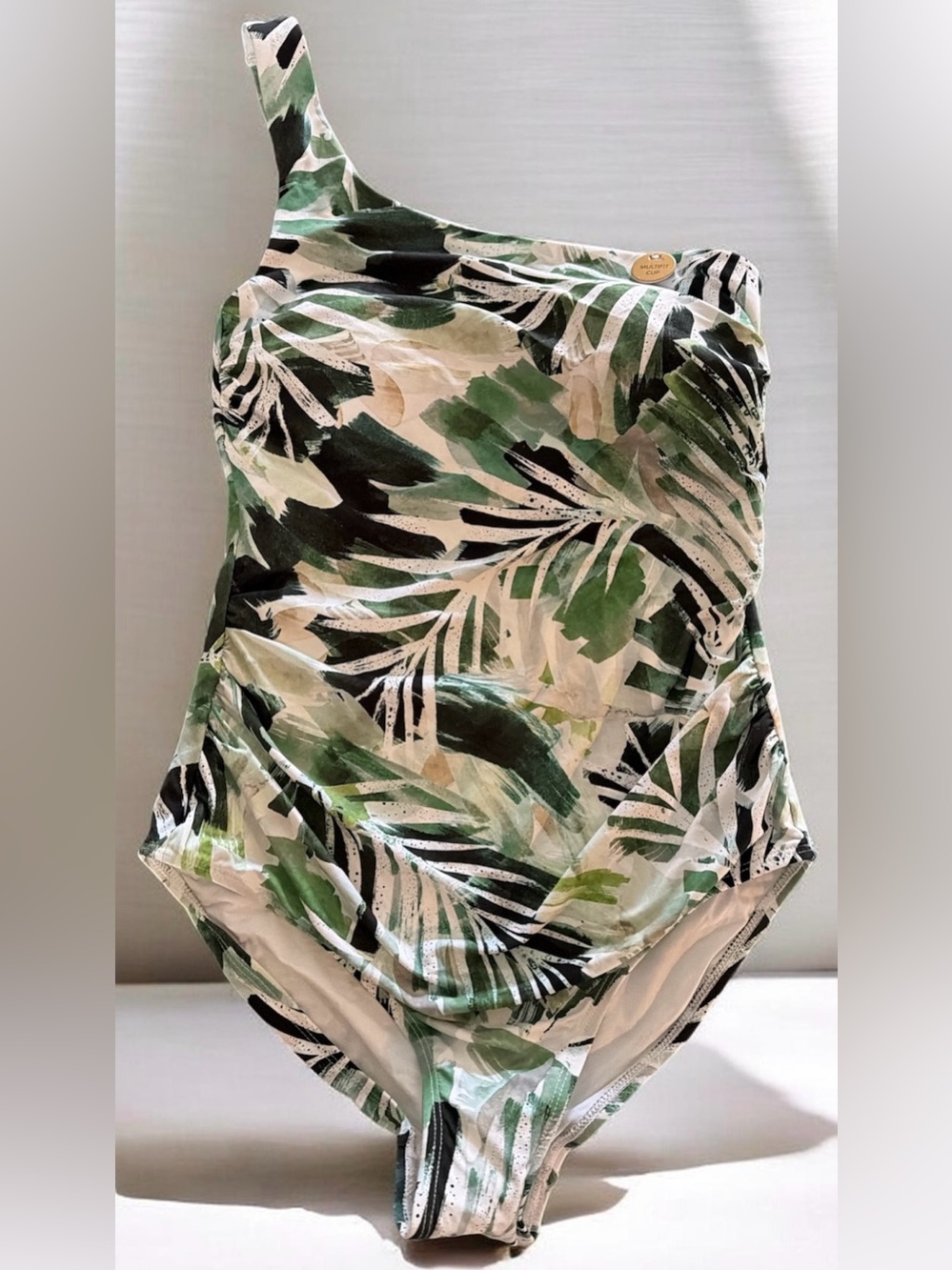 Niptuck Green Palm One-Shoulder one piece fitted ruched Swimsuit size 6 NWT